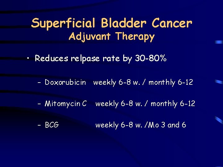 Superficial Bladder Cancer Adjuvant Therapy • Reduces relpase rate by 30 -80% – Doxorubicin