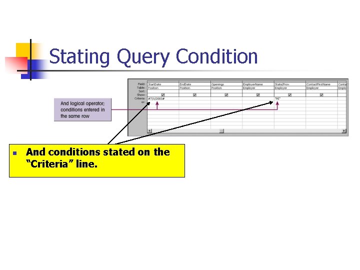 Stating Query Condition n And conditions stated on the “Criteria” line. 