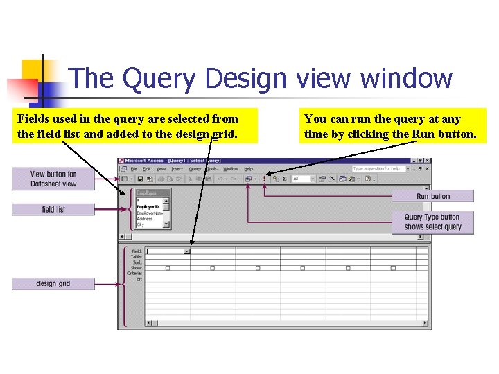 The Query Design view window Fields used in the query are selected from the