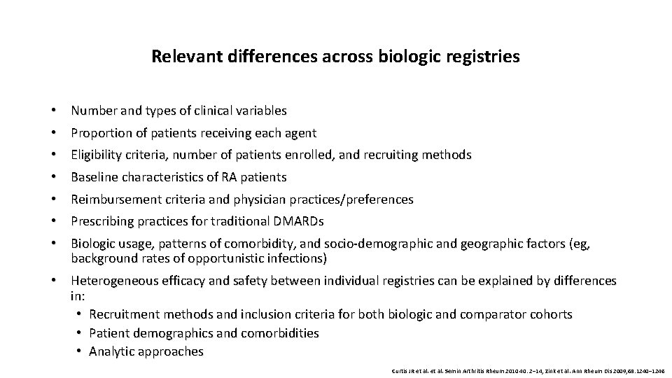 Relevant differences across biologic registries • Number and types of clinical variables • Proportion