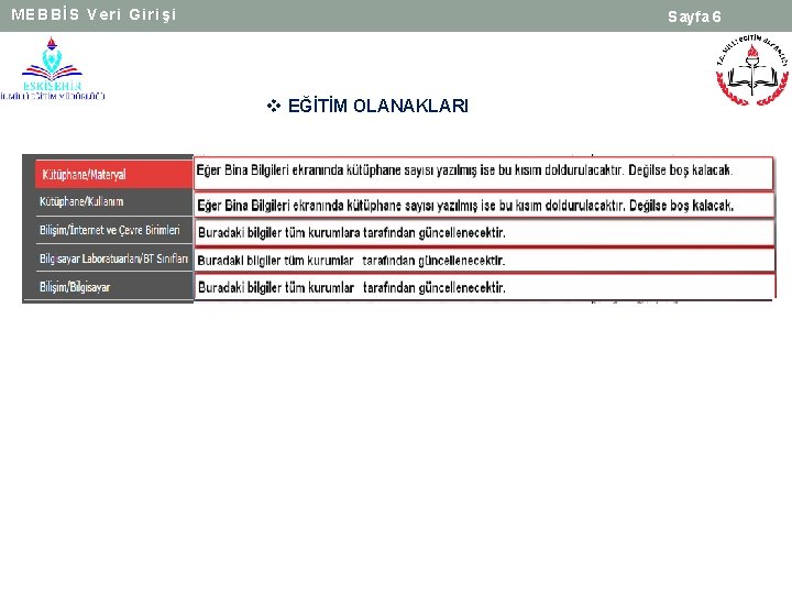 MEBBİS Veri Girişi Sayfa 6 v EĞİTİM OLANAKLARI 