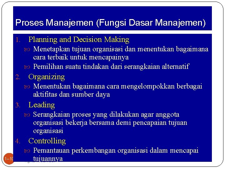 Proses Manajemen (Fungsi Dasar Manajemen) 1. Planning and Decision Making Menetapkan tujuan organisasi dan