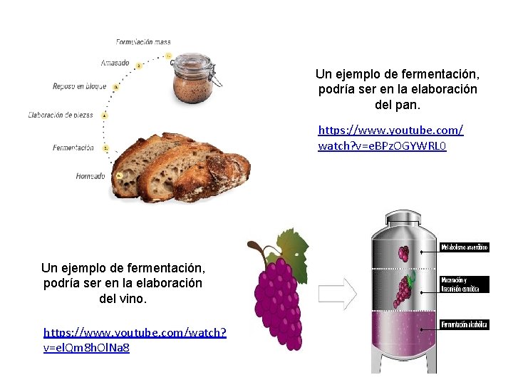 Un ejemplo de fermentación, podría ser en la elaboración del pan. https: //www. youtube.