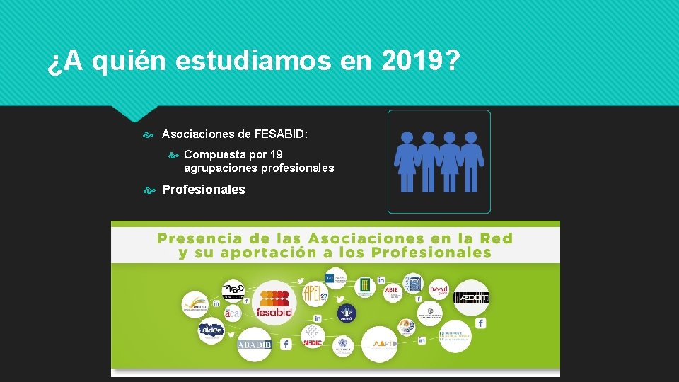 ¿A quién estudiamos en 2019? Asociaciones de FESABID: Compuesta por 19 agrupaciones profesionales Profesionales