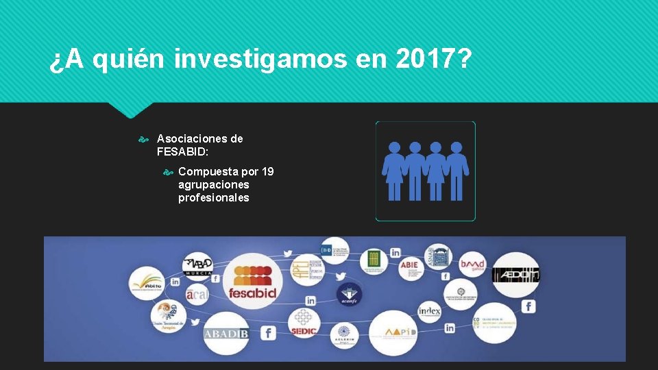 ¿A quién investigamos en 2017? Asociaciones de FESABID: Compuesta por 19 agrupaciones profesionales 