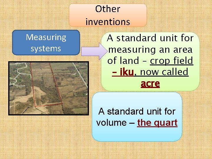 Other inventions Measuring systems A standard unit for measuring an area of land –