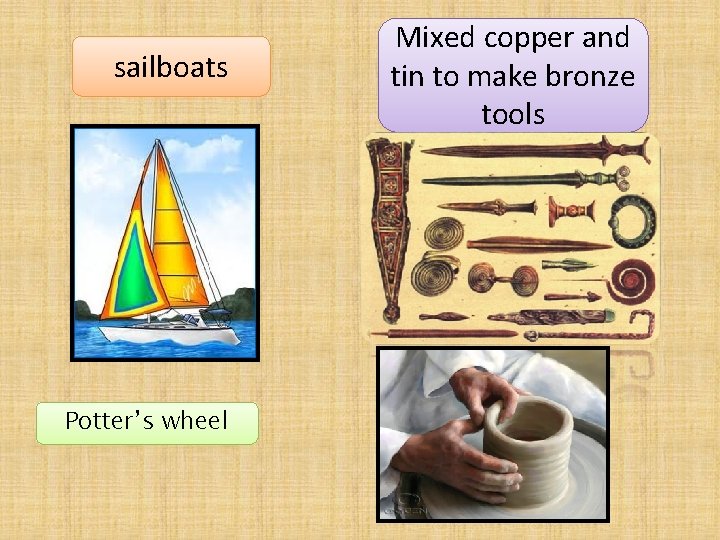 sailboats Potter’s wheel Mixed copper and tin to make bronze tools 
