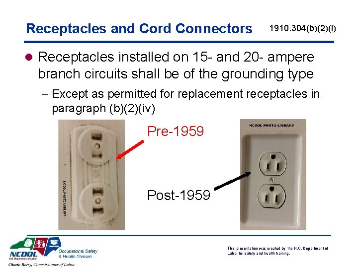 Receptacles and Cord Connectors 1910. 304(b)(2)(i) l Receptacles installed on 15 - and 20