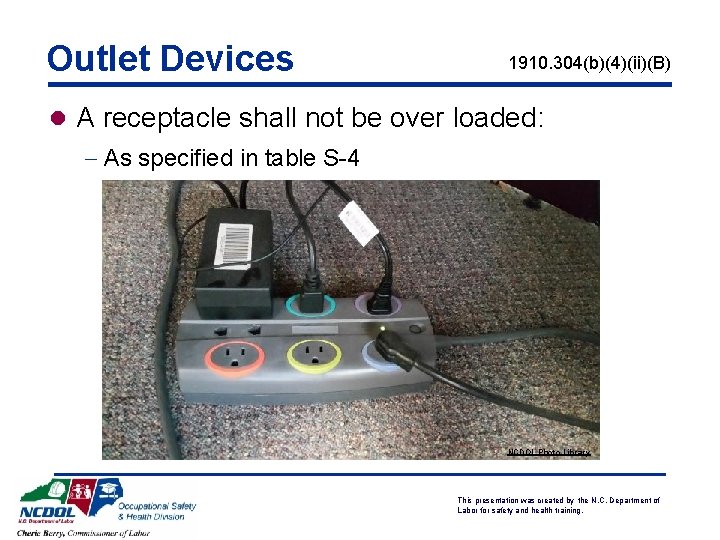 Outlet Devices 1910. 304(b)(4)(ii)(B) l A receptacle shall not be over loaded: - As