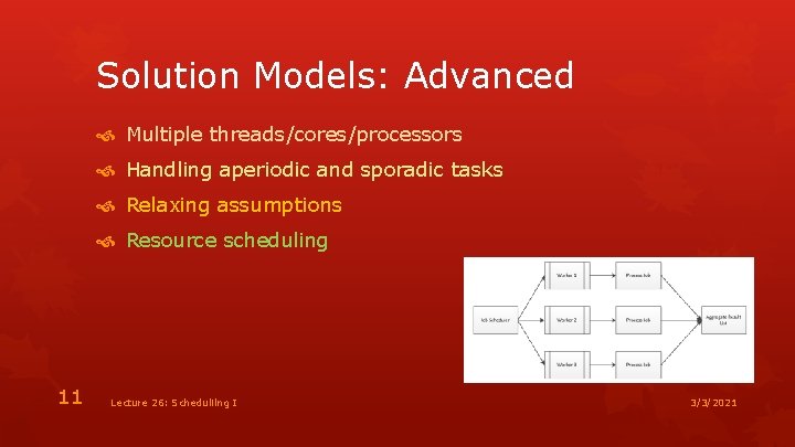 Solution Models: Advanced Multiple threads/cores/processors Handling aperiodic and sporadic tasks Relaxing assumptions Resource scheduling