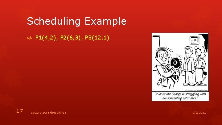 Scheduling Example P 1(4, 2), P 2(6, 3), P 3(12, 1) 17 Lecture 26: