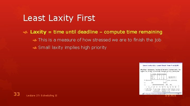 Least Laxity First Laxity = time until deadline – compute time remaining This is