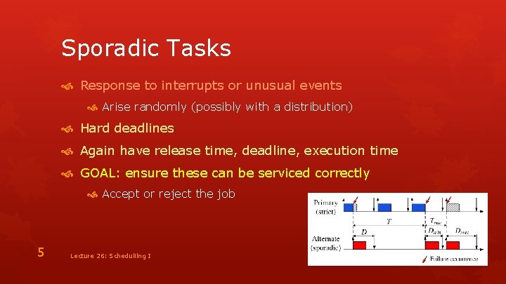 Sporadic Tasks Response to interrupts or unusual events Arise randomly (possibly with a distribution)