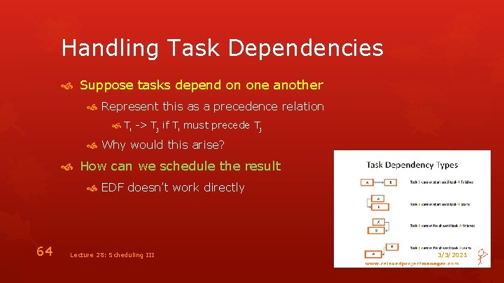 Handling Task Dependencies Suppose tasks depend on one another Represent this as a precedence