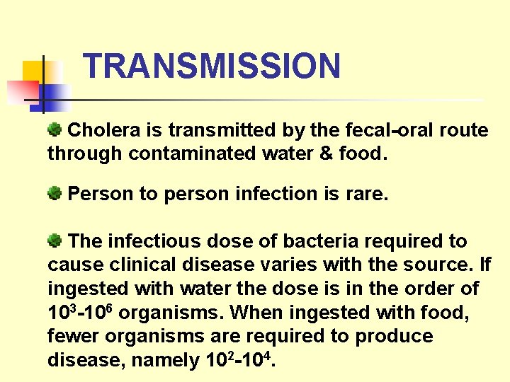TRANSMISSION Cholera is transmitted by the fecal-oral route through contaminated water & food. Person