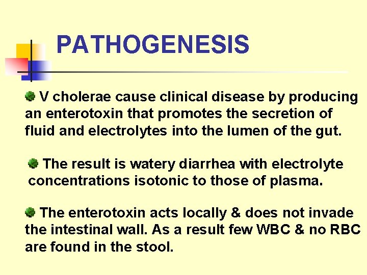 PATHOGENESIS V cholerae cause clinical disease by producing an enterotoxin that promotes the secretion