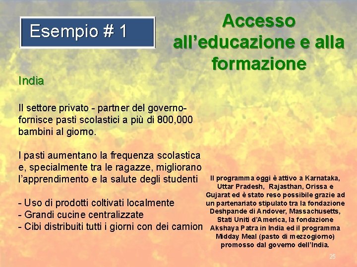Esempio # 1 India Accesso all’educazione e alla formazione Il settore privato - partner