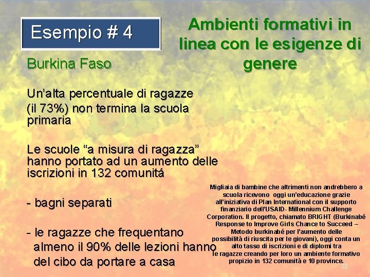 Esempio # 4 Burkina Faso Ambienti formativi in linea con le esigenze di genere