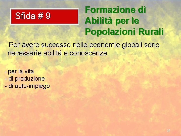 Sfida # 9 Formazione di Abilità per le Popolazioni Rurali Per avere successo nelle