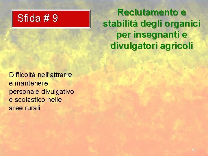 Sfida # 9 Reclutamento e stabilitá degli organici per insegnanti e divulgatori agricoli Difficoltá