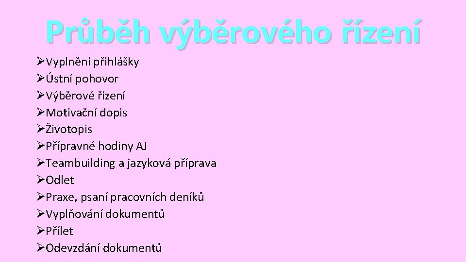 Průběh výběrového řízení ØVyplnění přihlášky ØÚstní pohovor ØVýběrové řízení ØMotivační dopis ØŽivotopis ØPřípravné hodiny