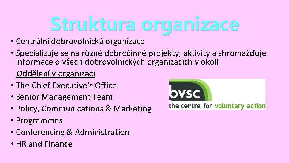 Struktura organizace • Centrální dobrovolnická organizace • Specializuje se na různé dobročinné projekty, aktivity