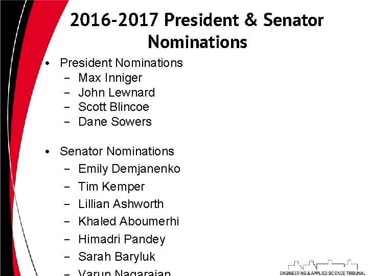 2016 -2017 President & Senator Nominations • President Nominations – Max Inniger – John