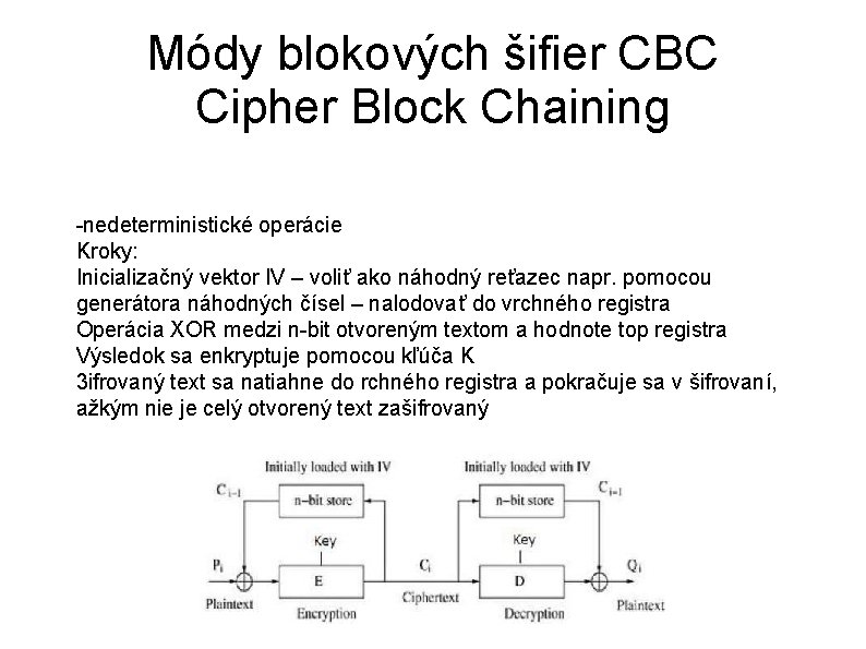 Módy blokových šifier CBC Cipher Block Chaining -nedeterministické operácie Kroky: Inicializačný vektor IV –