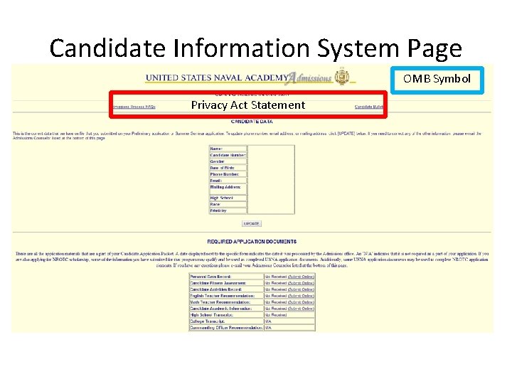 Candidate Information System Page OMB Symbol Privacy Act Statement 