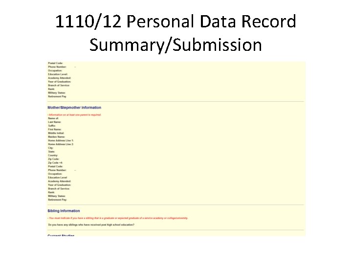 1110/12 Personal Data Record Summary/Submission 