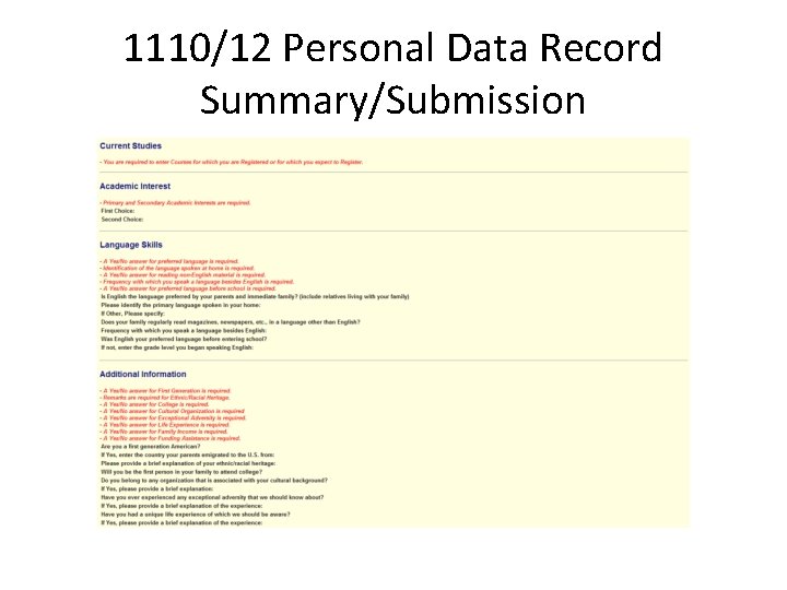 1110/12 Personal Data Record Summary/Submission 