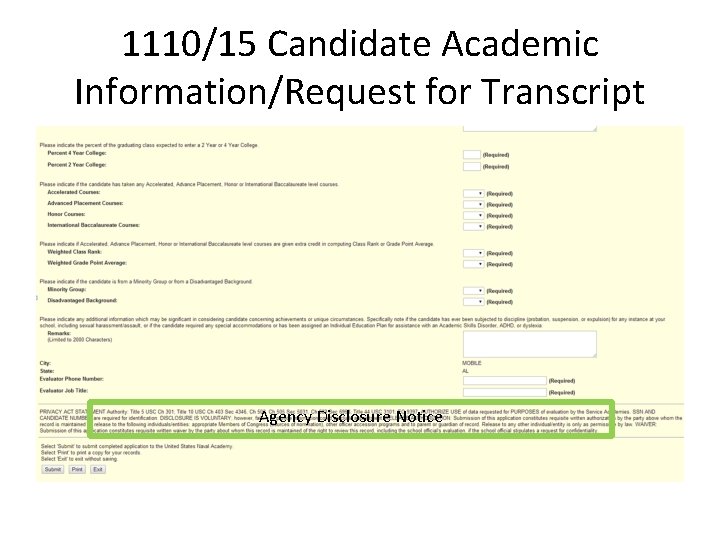 1110/15 Candidate Academic Information/Request for Transcript Agency Disclosure Notice 