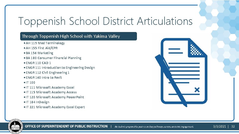 Toppenish School District Articulations Through Toppenish High School with Yakima Valley • AH 119