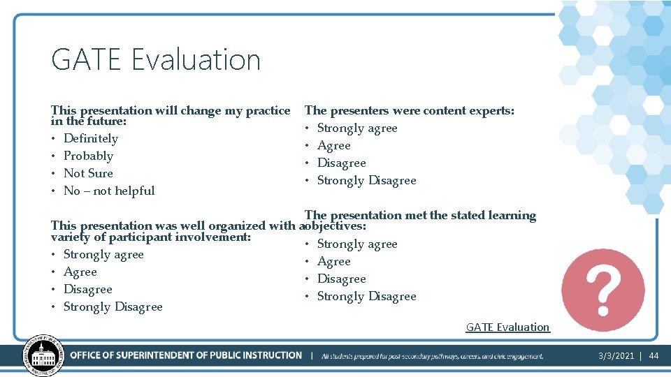 GATE Evaluation This presentation will change my practice in the future: • Definitely •