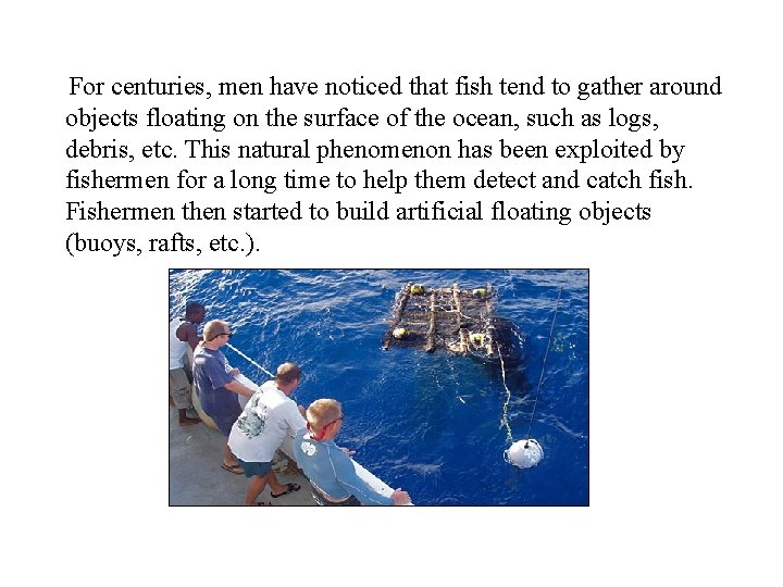 For centuries, men have noticed that fish tend to gather around objects floating on