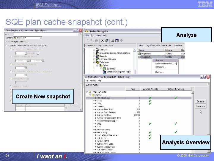 IBM System i SQE plan cache snapshot (cont. ) Analyze Create New snapshot Analysis