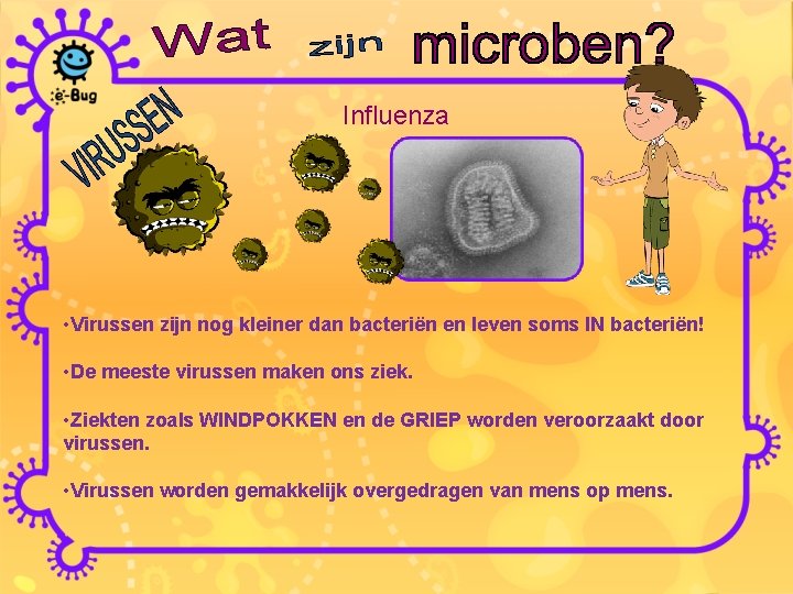 Influenza • Virussen zijn nog kleiner dan bacteriën en leven soms IN bacteriën! •