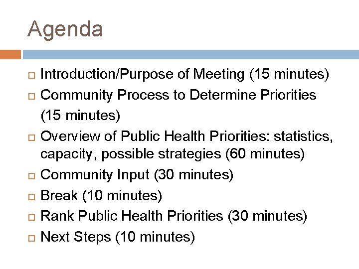 Agenda Introduction/Purpose of Meeting (15 minutes) Community Process to Determine Priorities (15 minutes) Overview