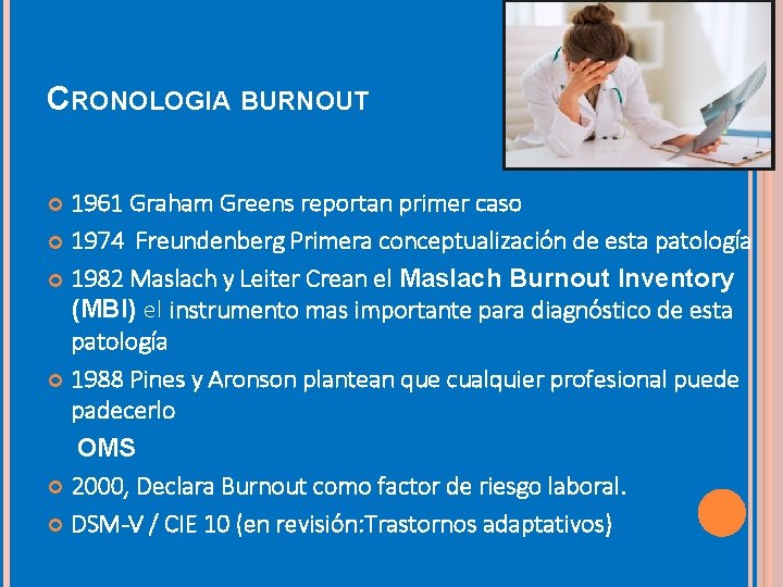 CRONOLOGIA BURNOUT 1961 Graham Greens reportan primer caso 1974 Freundenberg Primera conceptualización de esta