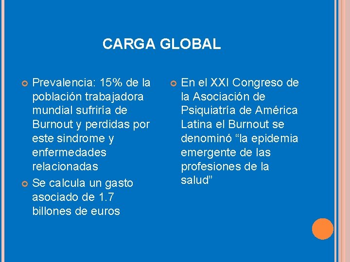 CARGA GLOBAL Prevalencia: 15% de la población trabajadora mundial sufriría de Burnout y perdidas