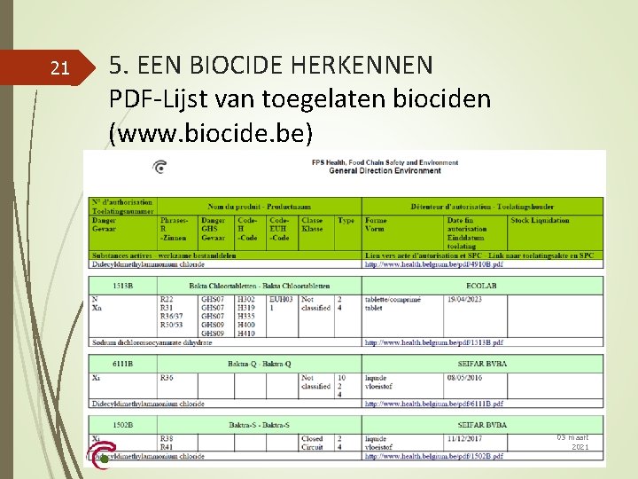 21 5. EEN BIOCIDE HERKENNEN PDF-Lijst van toegelaten biociden (www. biocide. be) 03 maart