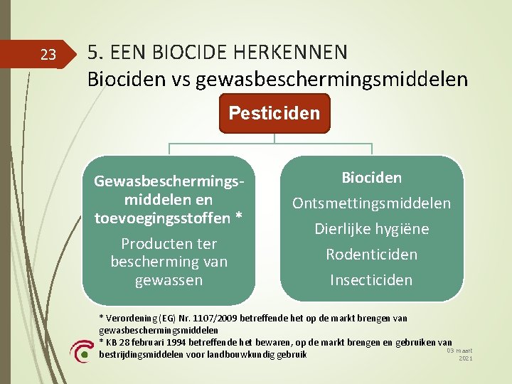 23 5. EEN BIOCIDE HERKENNEN Biociden vs gewasbeschermingsmiddelen Pesticiden Gewasbeschermingsmiddelen en toevoegingsstoffen * Producten