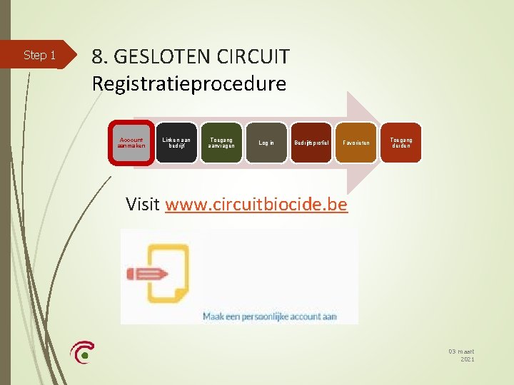 Step 1 8. GESLOTEN CIRCUIT Registratieprocedure Account aanmaken Linken aan bedrijf Toegang aanvragen Log