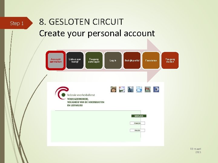 Step 1 8. GESLOTEN CIRCUIT Create your personal account Account aanmaken Linken aan bedrijf