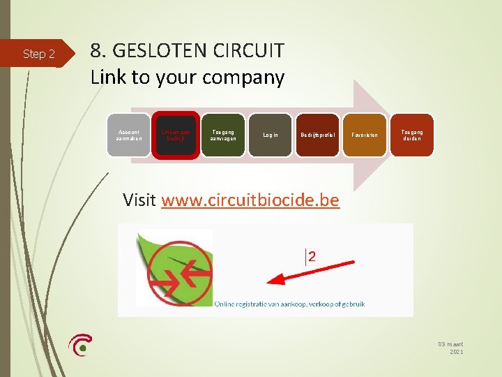 Step 2 8. GESLOTEN CIRCUIT Link to your company Account aanmaken Linken aan bedrijf