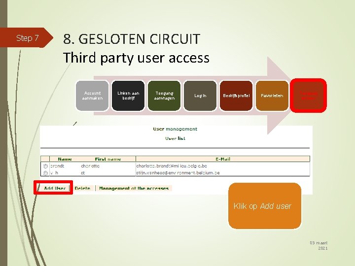 Step 7 8. GESLOTEN CIRCUIT Third party user access Account aanmaken Linken aan bedrijf