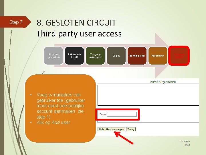 8. GESLOTEN CIRCUIT Third party user access Step 7 Account aanmaken • • Linken