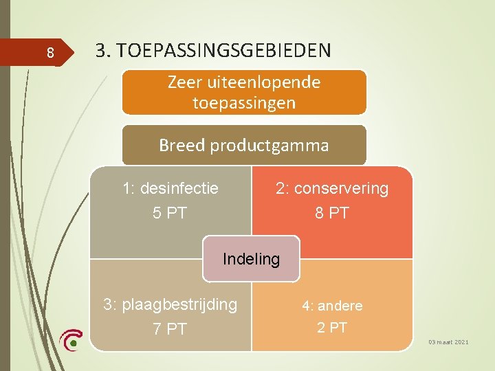 8 3. TOEPASSINGSGEBIEDEN Zeer uiteenlopende toepassingen Breed productgamma 1: desinfectie 5 PT 2: conservering