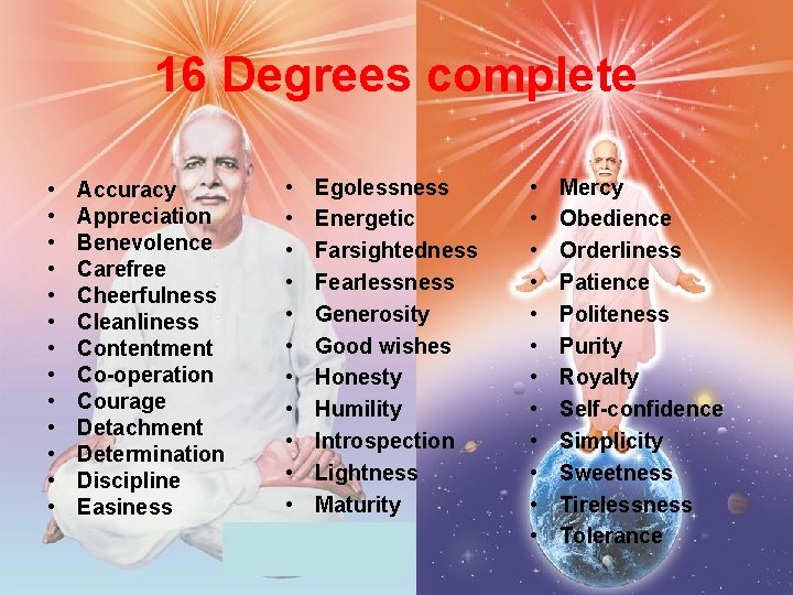 16 Degrees complete • • • • Accuracy Appreciation Benevolence Carefree Cheerfulness Cleanliness Contentment