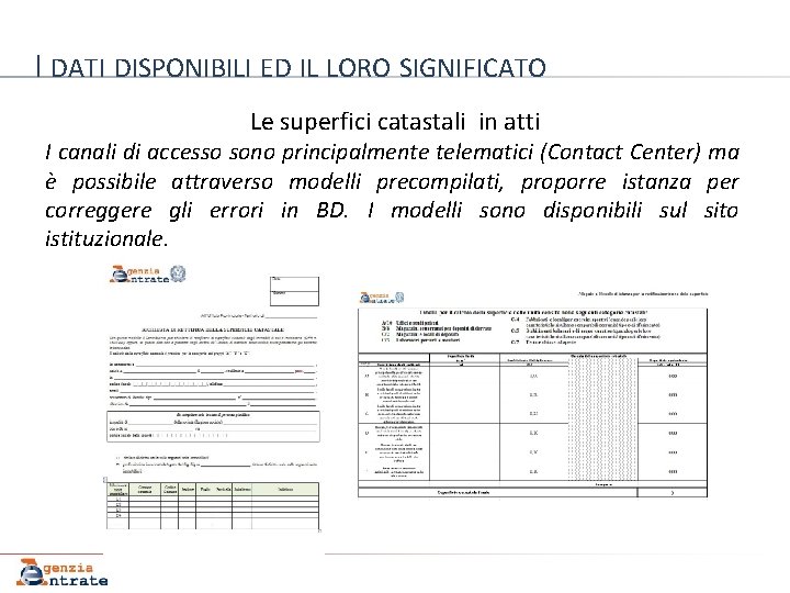 I DATI DISPONIBILI ED IL LORO SIGNIFICATO Le superfici catastali in atti I canali